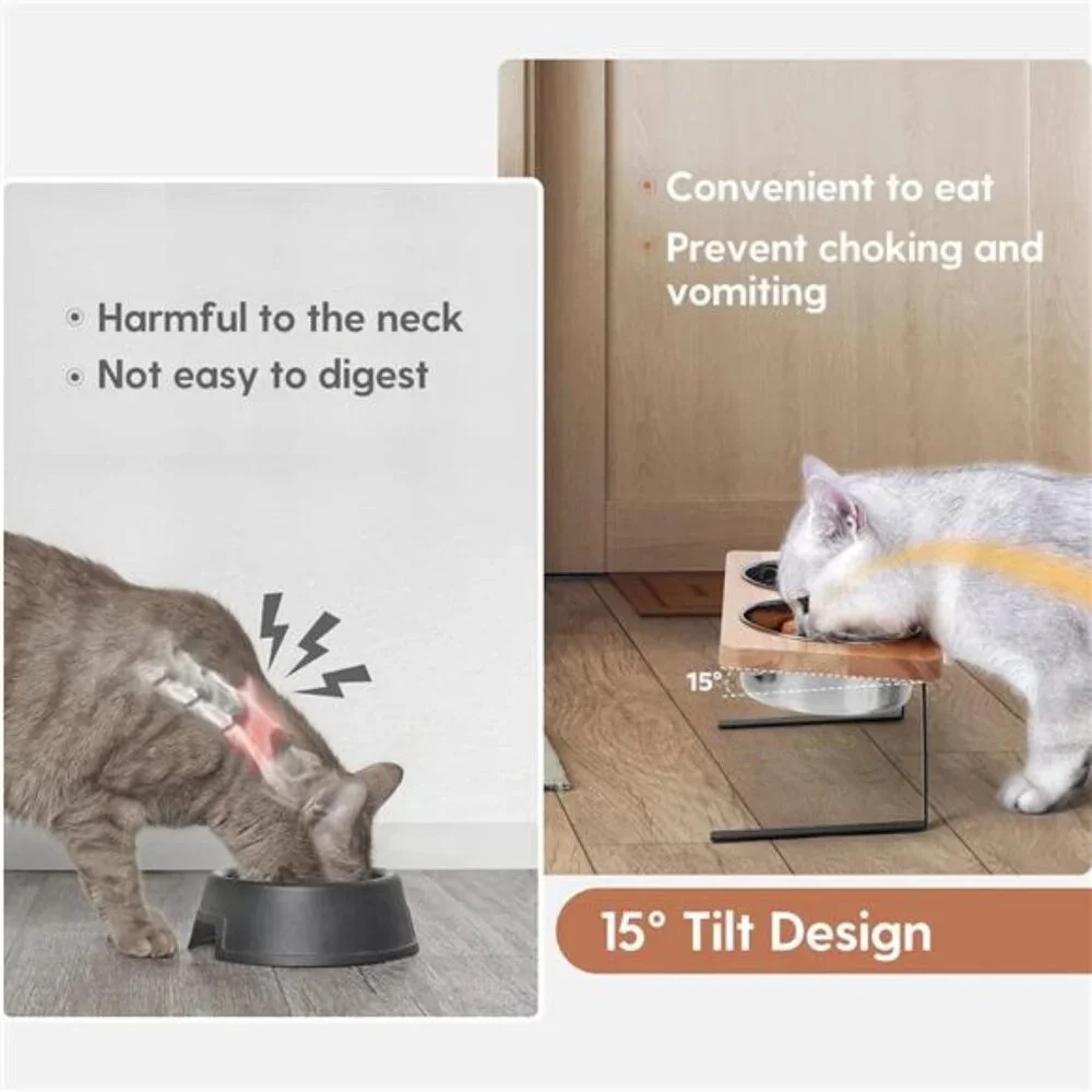 Elevated Cat Bowls, 15° Tilted Raised Cat Food Bowls Wood Pet Bowls with Stand
